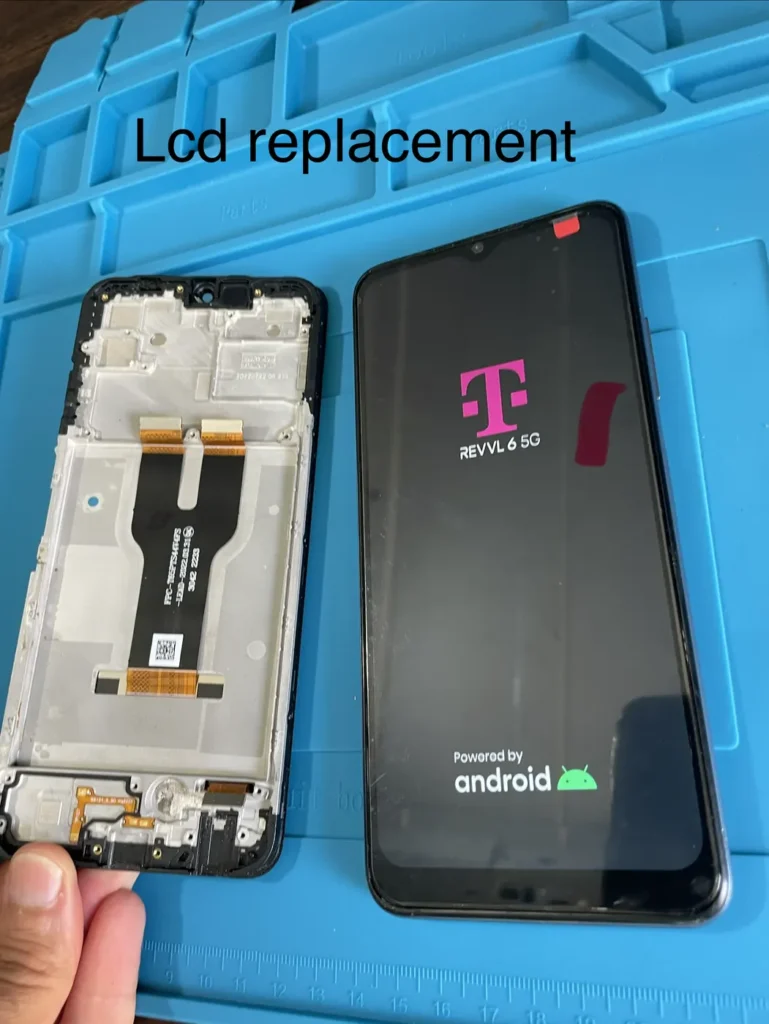 Samsung phone with the old LCD removed next to the replacement screen